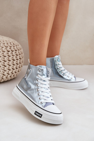 Design metálico sapatos de lazer com sola Feminino Com coração cor azul Sumehra 2