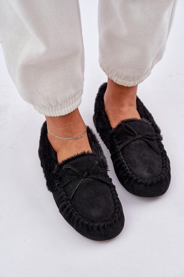 Mocassins Chinelos Feminino com um casaco de pele cor preta Kleogoria