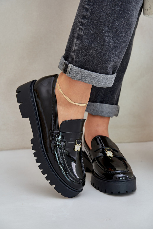 Mocassins lacados Feminino Z Przypinką ursinhos de pelúcia cor preta EMulinea Mocassins lacados Feminino Z Przypinką ursinhos de pelúcia cor preta EMulinea