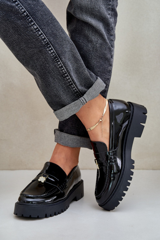 Mocassins lacados Feminino Z Przypinką ursinhos de pelúcia cor preta EMulinea Mocassins lacados Feminino Z Przypinką ursinhos de pelúcia cor preta EMulinea