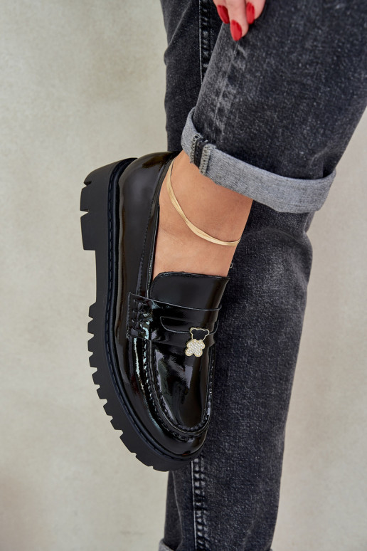 Mocassins lacados Feminino Z Przypinką ursinhos de pelúcia cor preta EMulinea Mocassins lacados Feminino Z Przypinką ursinhos de pelúcia cor preta EMulinea