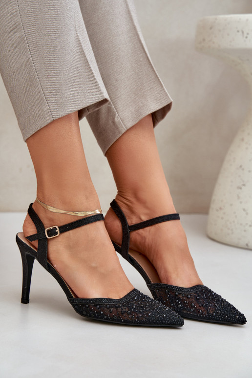 Decorado sapatos de salto alto com salto aberto cor preta Habilitadonadra