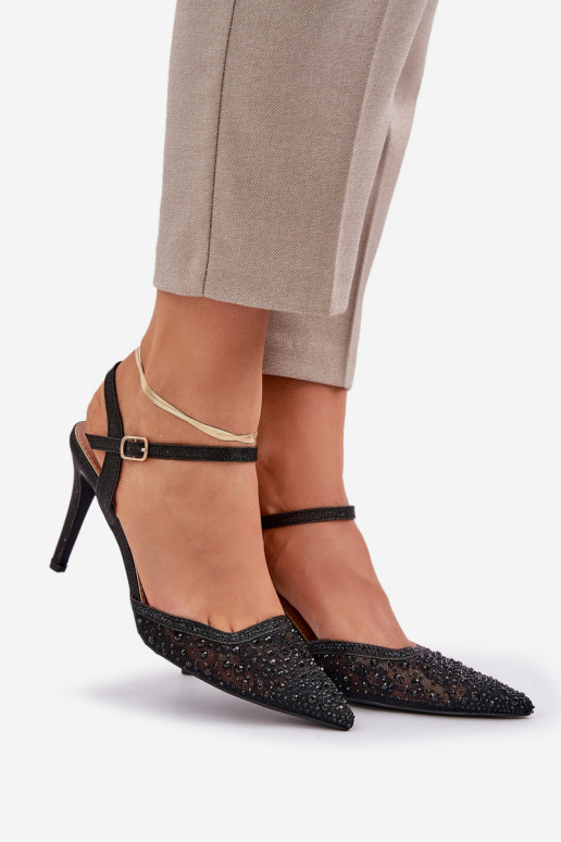 Decorado sapatos de salto alto com salto aberto cor preta Habilitadonadra