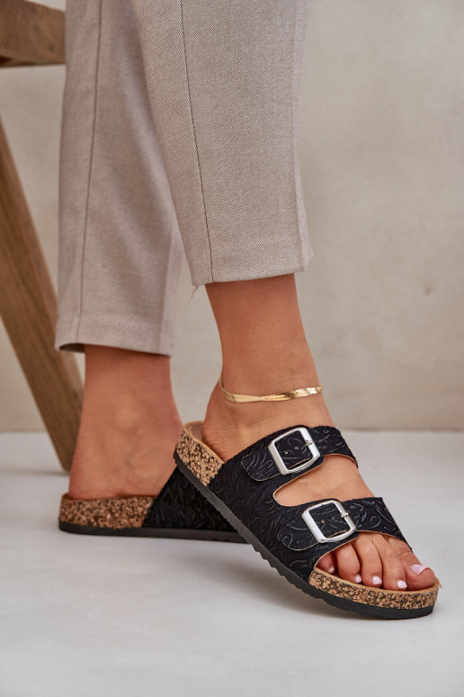  Chinelos Com sola de cortiça com fivelas cor preta Atera