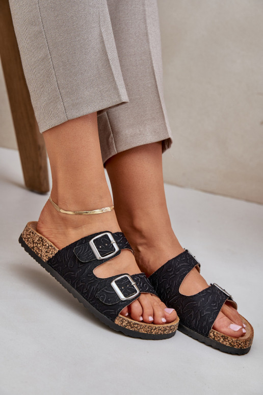  Chinelos Com sola de cortiça com fivelas cor preta Atera