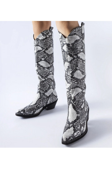 Botas de cowboy com estampa de cobra preta e branca Chapin