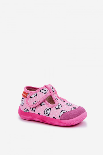Chinelos Milami infantis elásticos com fechos adesivos em Panda Bear na cor rosa Ambette