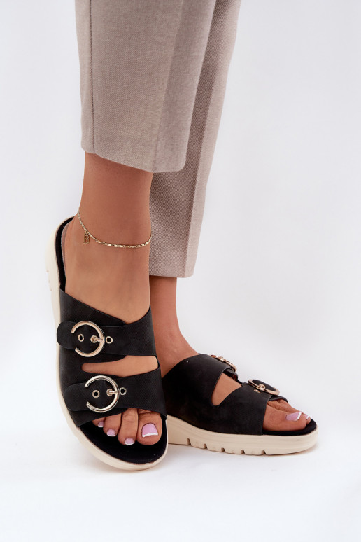  Chinelos femininos Em uma cunha com fivelas cor preta Hellexia