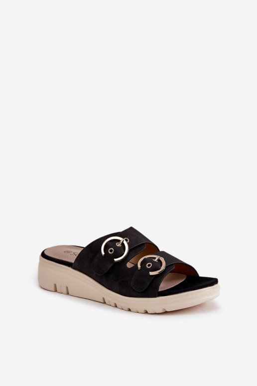  Chinelos femininos Em uma cunha com fivelas cor preta Hellexia