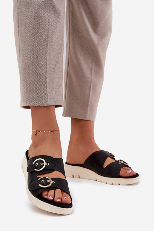  Chinelos femininos Em uma cunha com fivelas cor preta Hellexia