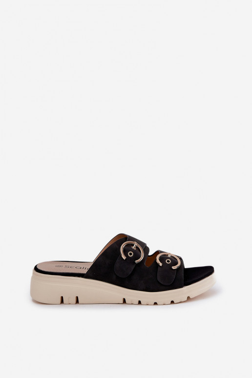  Chinelos femininos Em uma cunha com fivelas cor preta Hellexia