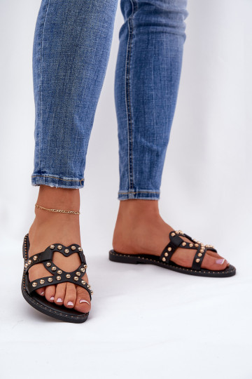 sandalias femininas decoradas com solado plano cor preta Adivrae 2