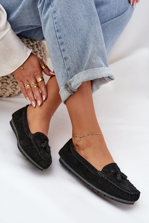 Apartamento feminino Mocassins clássicos de camurça S.Barski LR51-548 cor preta