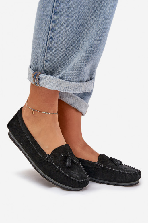 Apartamento feminino Mocassins clássicos de camurça S.Barski LR51-548 cor preta