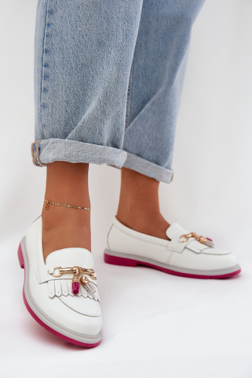Pele Estilo elegante Mocassins com salto largo S.Barski LR51-768 cor branca