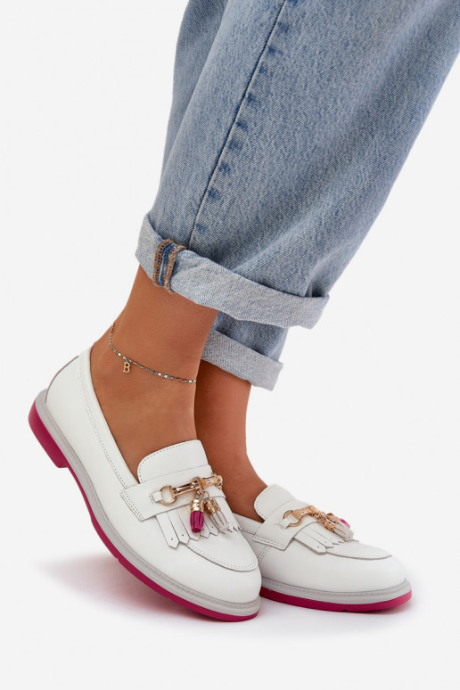 Pele Estilo elegante Mocassins com salto largo S.Barski LR51-768 cor branca