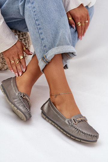 Mocassim de sola lisa com brilho feito de couro natural D&A LR51-546 prateado