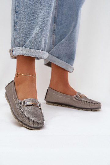 Mocassim de sola lisa com brilho feito de couro natural D&A LR51-546 prateado 2