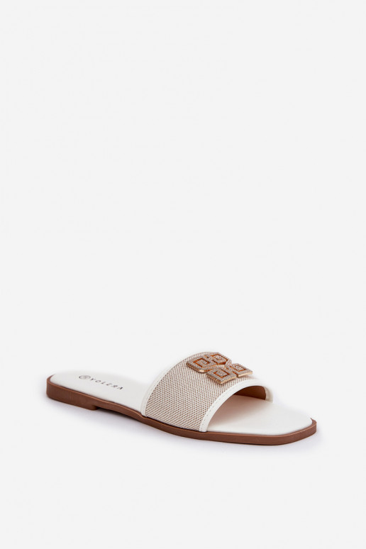 Estilo elegante Chinelos femininos com enfeites com salto largo cor branca Lovehia