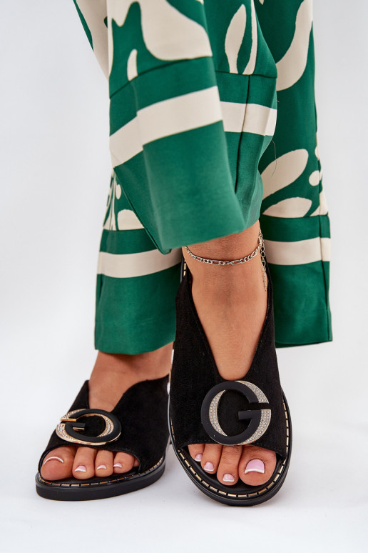 Sandálias rasteiras com enfeites cor preta Haliones