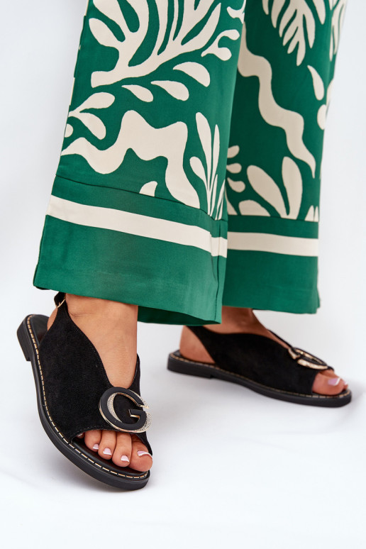 Sandálias rasteiras com enfeites cor preta Haliones