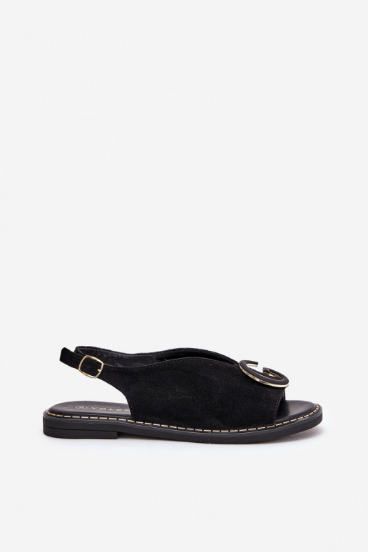 Sandálias rasteiras com enfeites cor preta Haliones