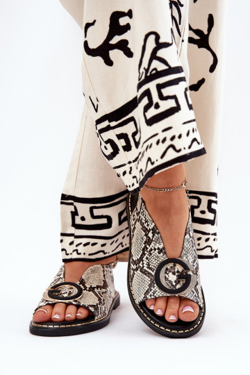 Sandálias rasteiras com enfeites padrões de cobra bege-cor marrom Haliones 2