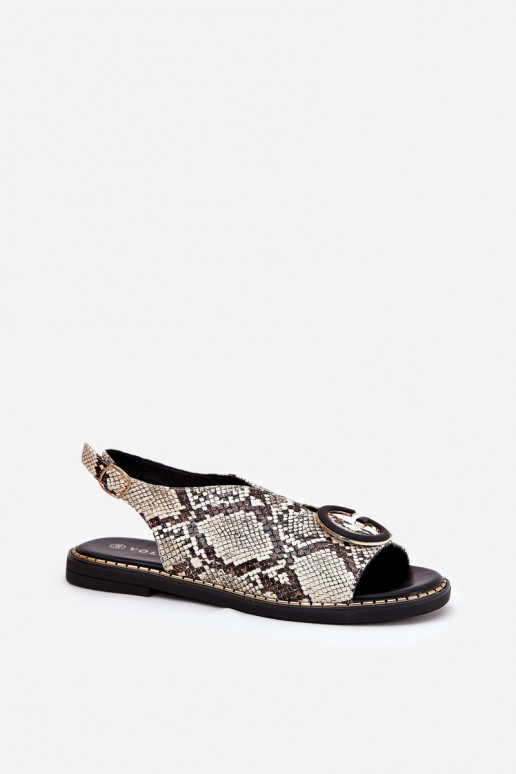 Sandálias rasteiras com enfeites padrões de cobra bege-cor marrom Haliones