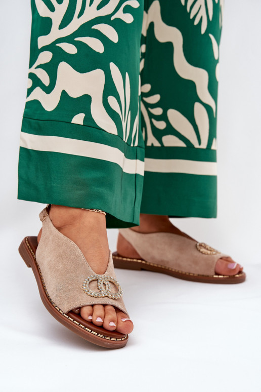 Sandálias femininas com enfeites com salto largo de camurça ecológicaoParae bege Ralisses Sandálias femininas com enfeites com salto largo de camurça ecológicaoParae bege Ralisses