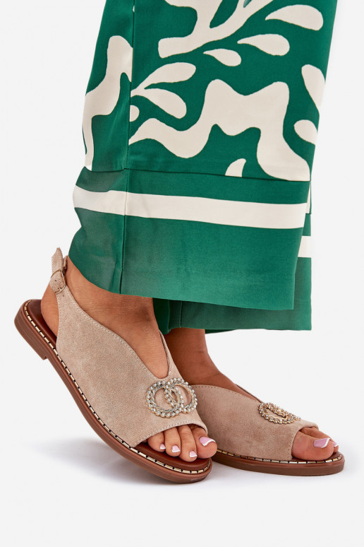 Sandálias femininas com enfeites com salto largo de camurça ecológicaoParae bege Ralisses Sandálias femininas com enfeites com salto largo de camurça ecológicaoParae bege Ralisses