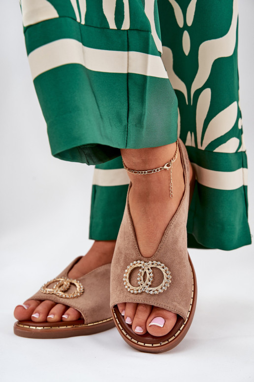 Sandálias femininas com enfeites com salto largo de camurça ecológicaoParae bege Ralisses