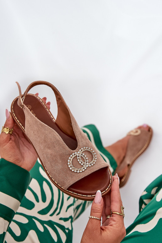 Sandálias femininas com enfeites com salto largo de camurça ecológicaoParae bege Ralisses