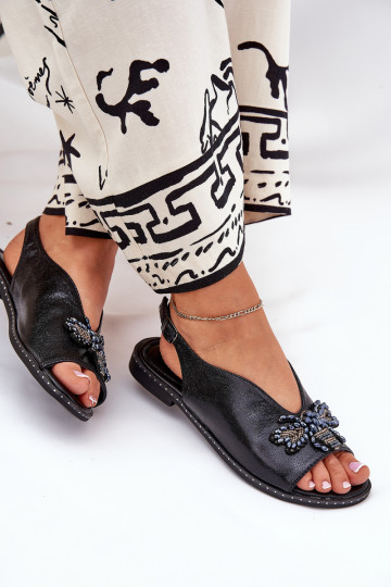 com brilho Sandálias femininas com enfeites isósceles cor preta Russona