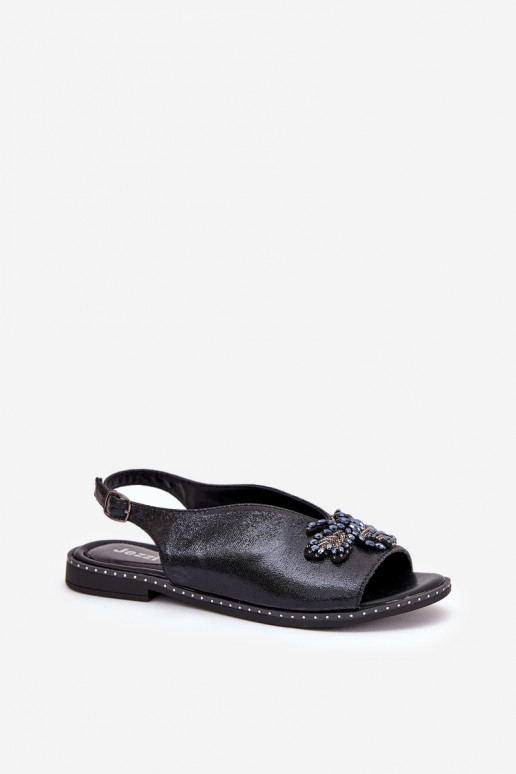 com brilho Sandálias femininas com enfeites isósceles cor preta Russona