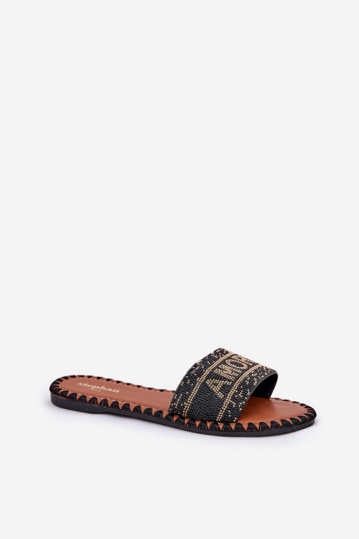 Chinelos femininos com salto largo Com decoração cor preta Dorfedi