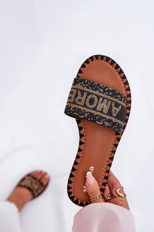 Chinelos femininos com salto largo Com decoração cor preta Dorfedi