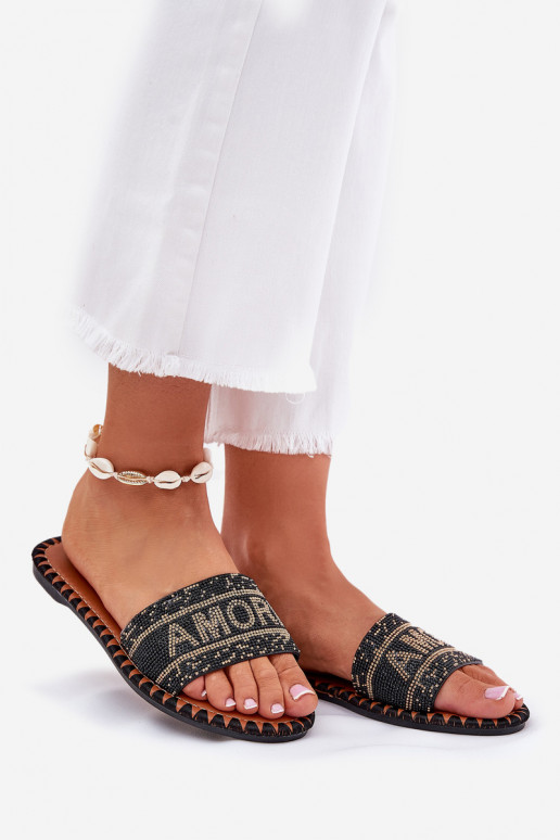 Chinelos femininos com salto largo Com decoração cor preta Dorfedi