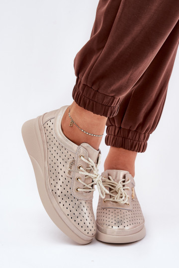 Tênis femininos de couro Estilo esportivo sapato cor dourada Brumia 2