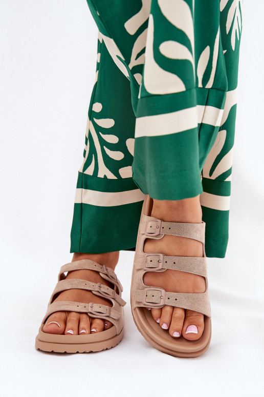 Chinelos femininos com listras I com fivelasmi bege Uliri