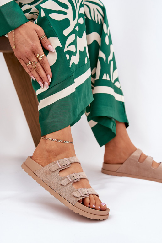 Chinelos femininos com listras I com fivelasmi bege Uliri