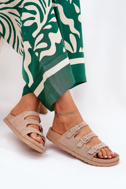 Chinelos femininos com listras I com fivelasmi bege Uliri