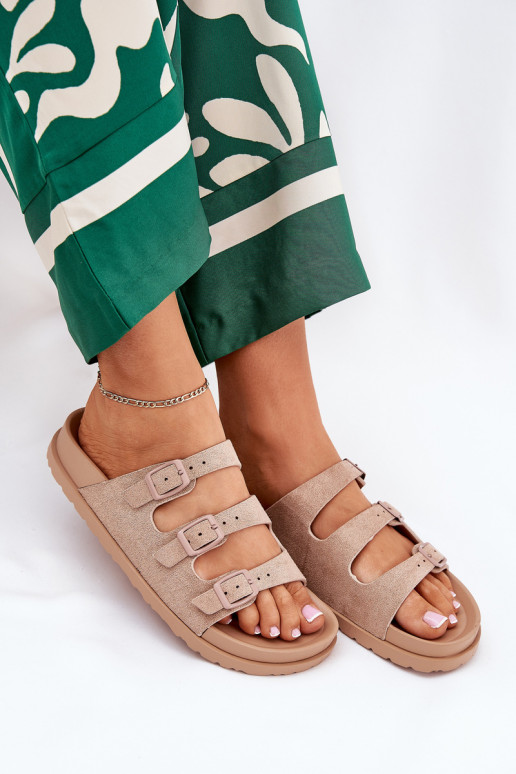 Chinelos femininos com listras I com fivelasmi bege Uliri