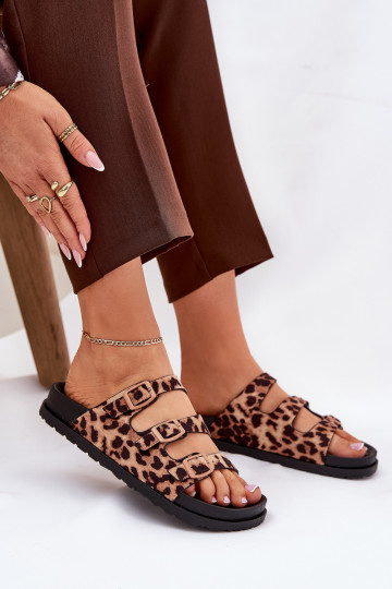 Chinelos femininos com tiras e fivelas com estampa de pele de leopardo na cor marrom Uliri