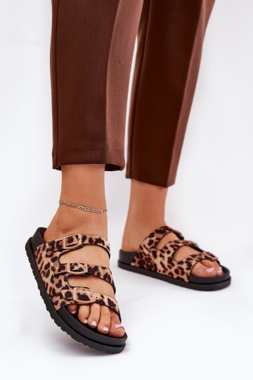 Chinelos femininos com tiras e fivelas com estampa de pele de leopardo na cor marrom Uliri 2