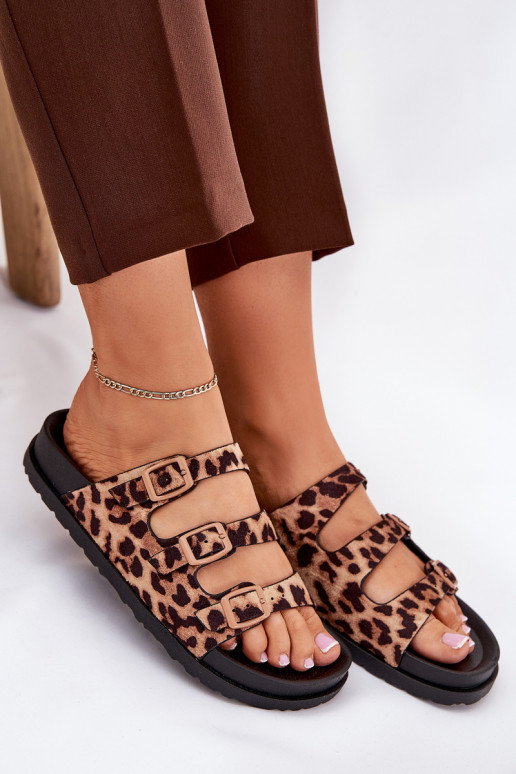 Chinelos femininos com listras I com fivelasmi com padrões de pele de leopardo cor marrom Uliri