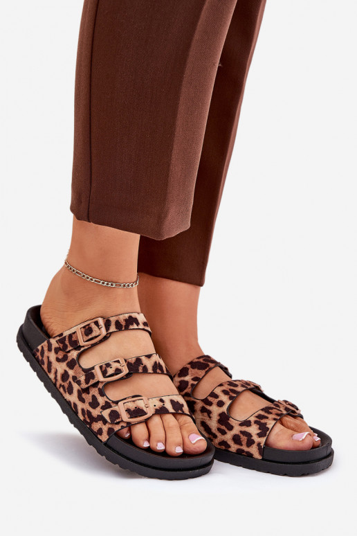 Chinelos femininos com listras I com fivelasmi com padrões de pele de leopardo cor marrom Uliri