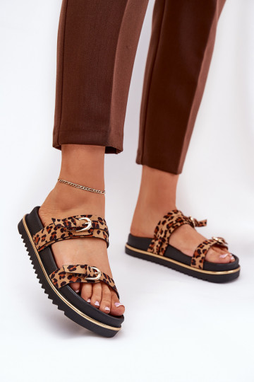 chinelas femininas com estampa de pele de leopardo com plataforma e tiras I com fivela marrom Ziferte 2