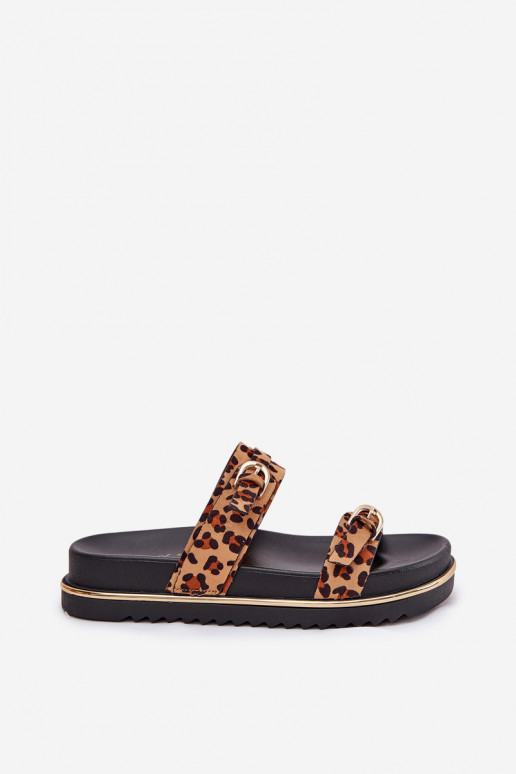 Chinelos femininos com padrões de pele de leopardo com uma plataforma com listras I com fivelasmi cor marrom Ziferte