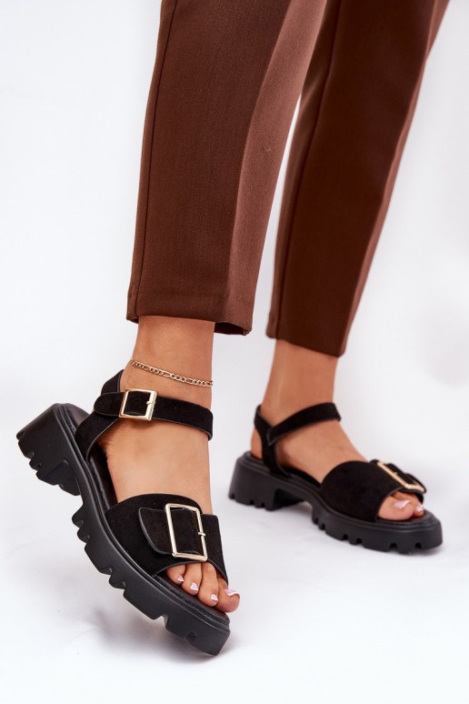 Eko Sandálias femininas de camurça com fivelas cor preta Gofielle Eko Sandálias femininas de camurça com fivelas cor preta Gofielle