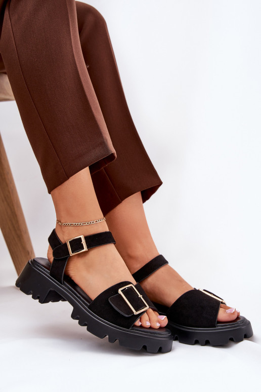 Eko Sandálias femininas de camurça com fivelas cor preta Gofielle Eko Sandálias femininas de camurça com fivelas cor preta Gofielle